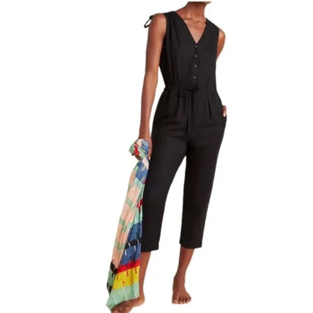 Sunday in Brooklyn Anthropologie Linen Blend Cropped Jumpsuit Black size small